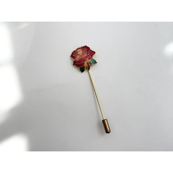 Cloissone Floral Rosebud Vintage Gold Toned Oval Vintage Stick Pin | Hat Pin - Picture 8 of 10